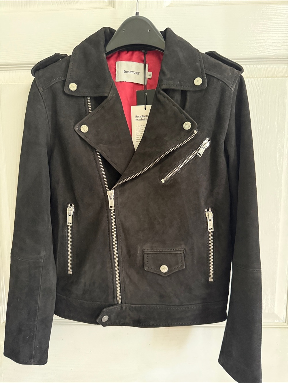 NWT Deadwood Black Suede Biker Jacket with Red Lining